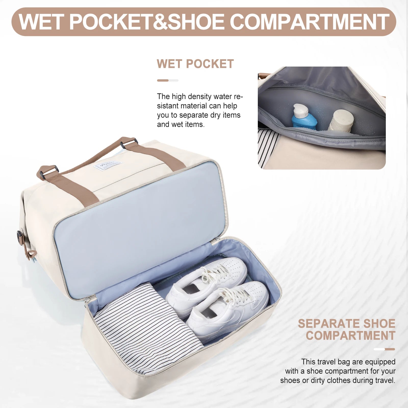 Travel bag with wet pocket and shoe compartment features on a white background view