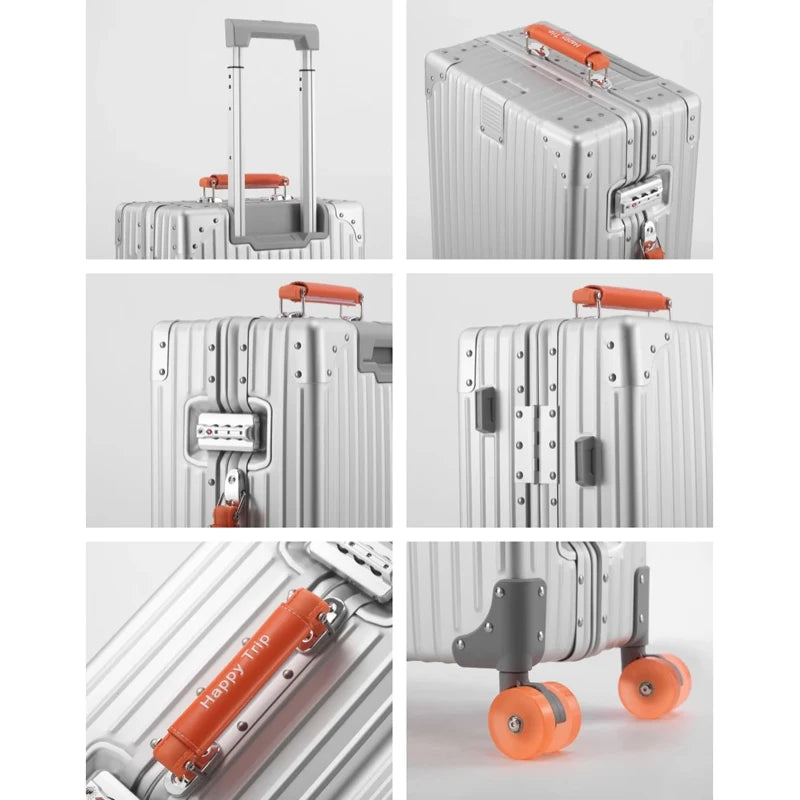 Colourful aluminium spinner suitcase close-up TSA combination lock and quality zip detail