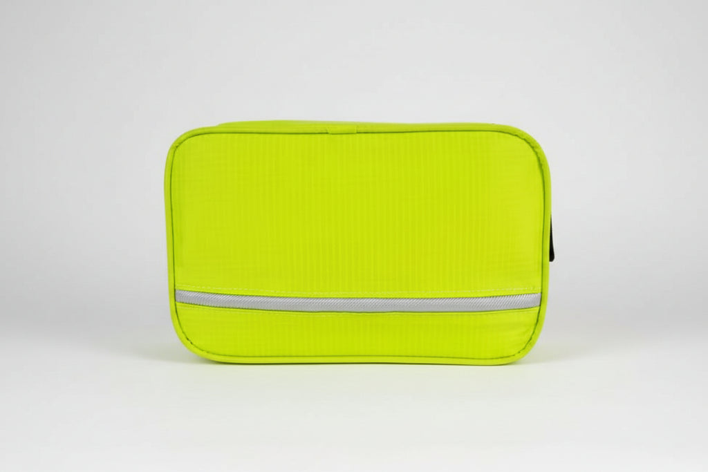 Yellow travel pouch with a reflective strip on a white background