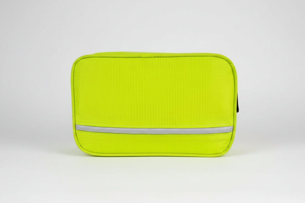 Yellow travel pouch with a reflective strip on a white background