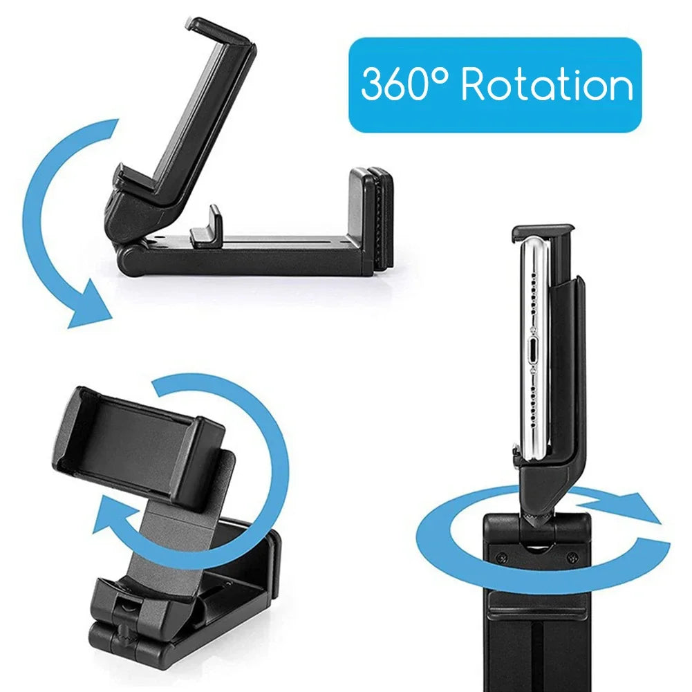 Phone holder with 360-degree rotation feature on a white background Compact phone holder for flights and everyday viewing