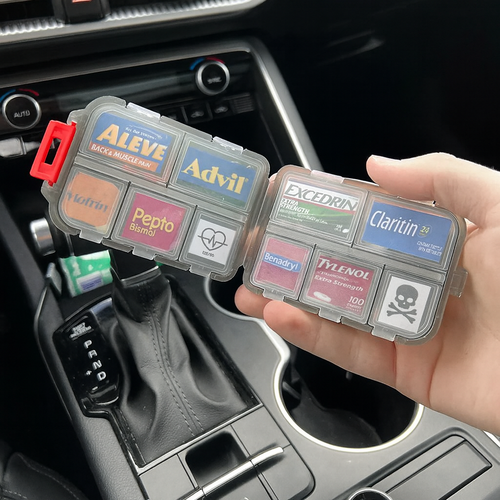 Two pill organizers with medication labels held over a car's center console.
Compact travel pill organizer box for medication and vitamins