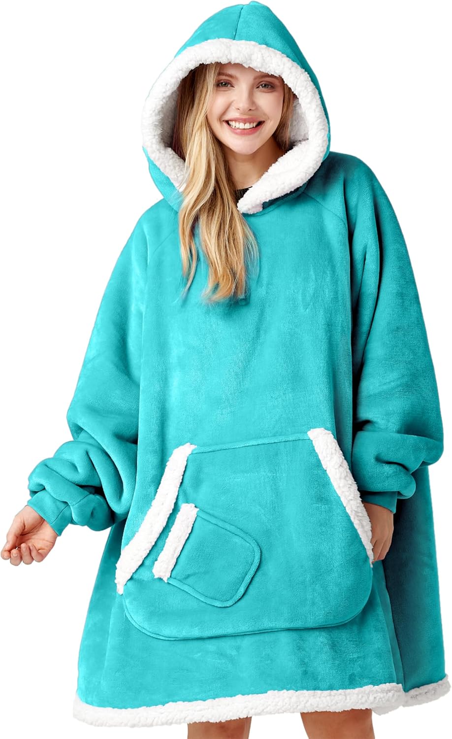 Product Image CozyNest Person wearing a teal fleece poncho with white trim on a white background