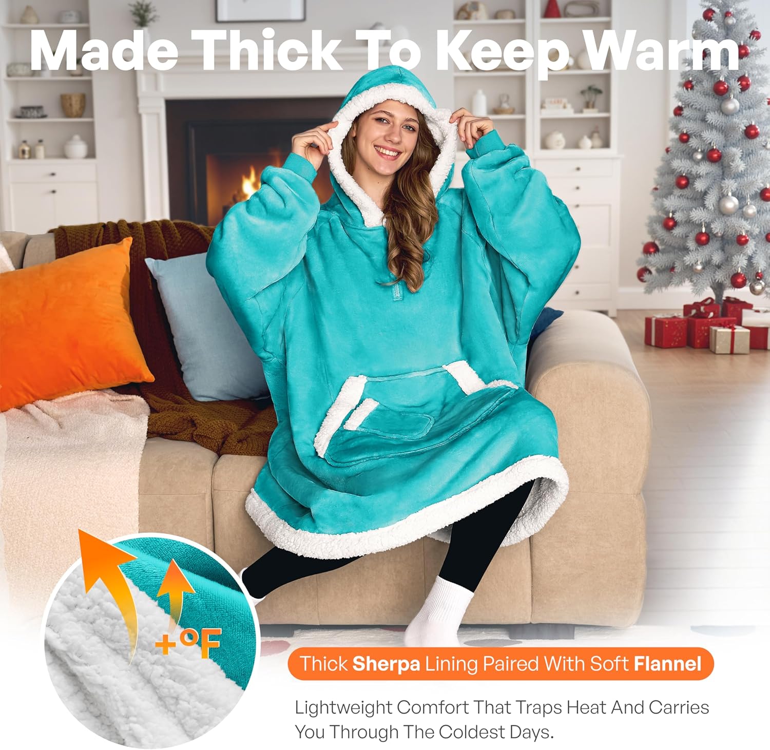 Product image of CozyNest wearable blanket hoodie Person wearing a teal fleece blanket with Sherpa lining, sitting on a couch in a cozy living room.