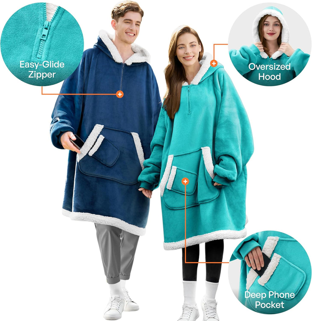 Porduct image of Two people wearing blue and teal hoodies with highlighted features on a white background