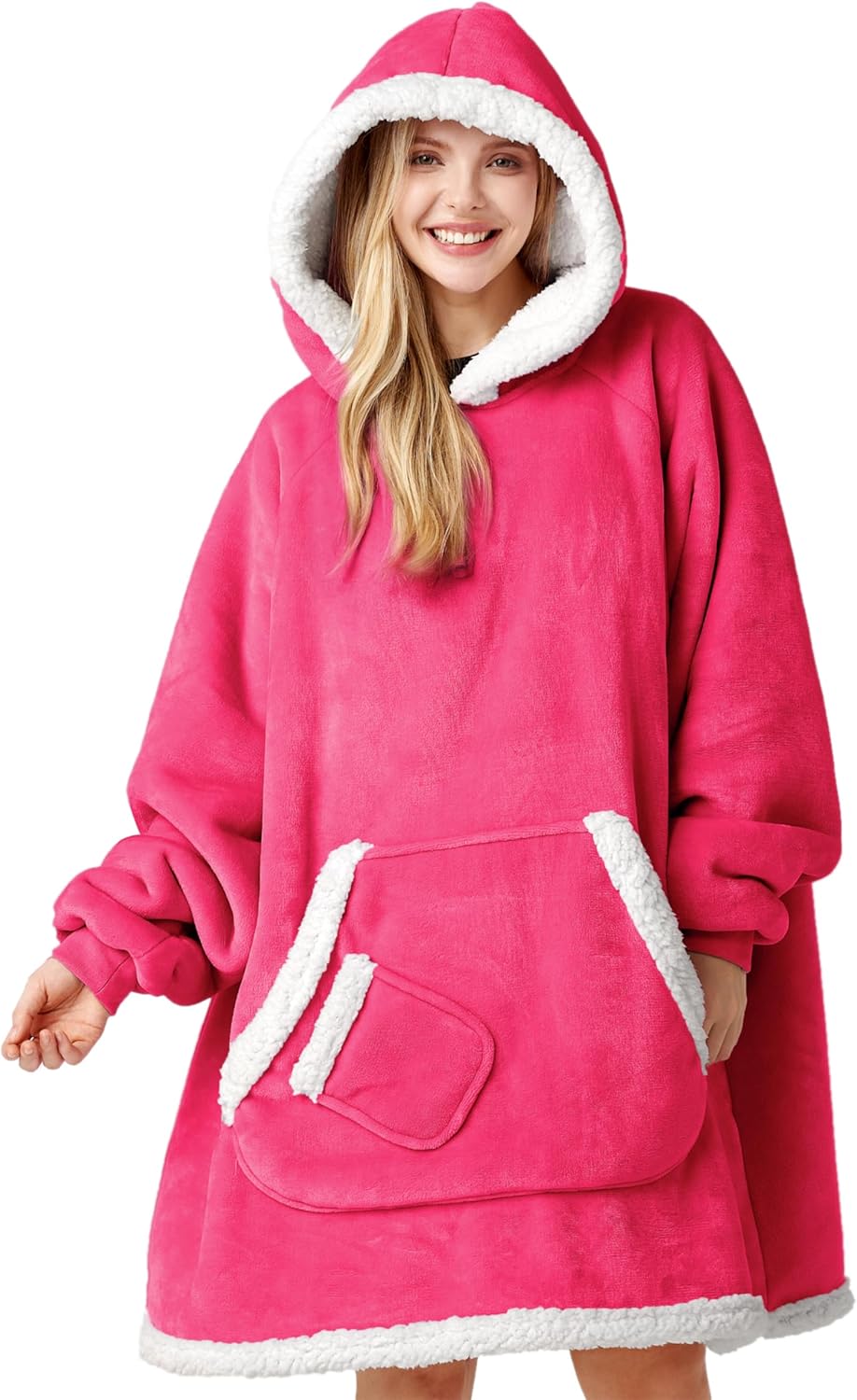 CozyNest wearable blanket hoodie Person wearing a pink hooded blanket with white trim on a white background