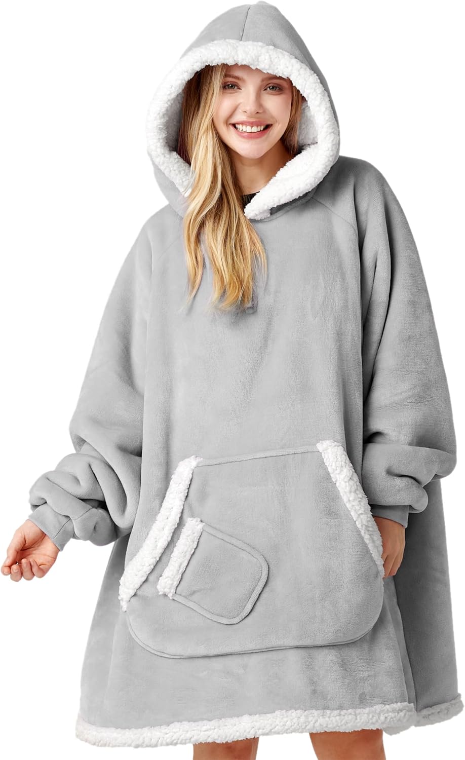 Product image of CozyNest wearable blanket hoodie Person wearing a gray hoodie with white lining on a white background