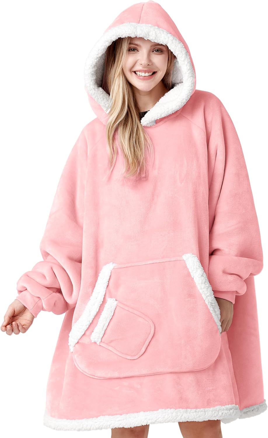 Product image CozyNest wearable blanket hoodie Person wearing a pink fleece poncho with white trim on a white background