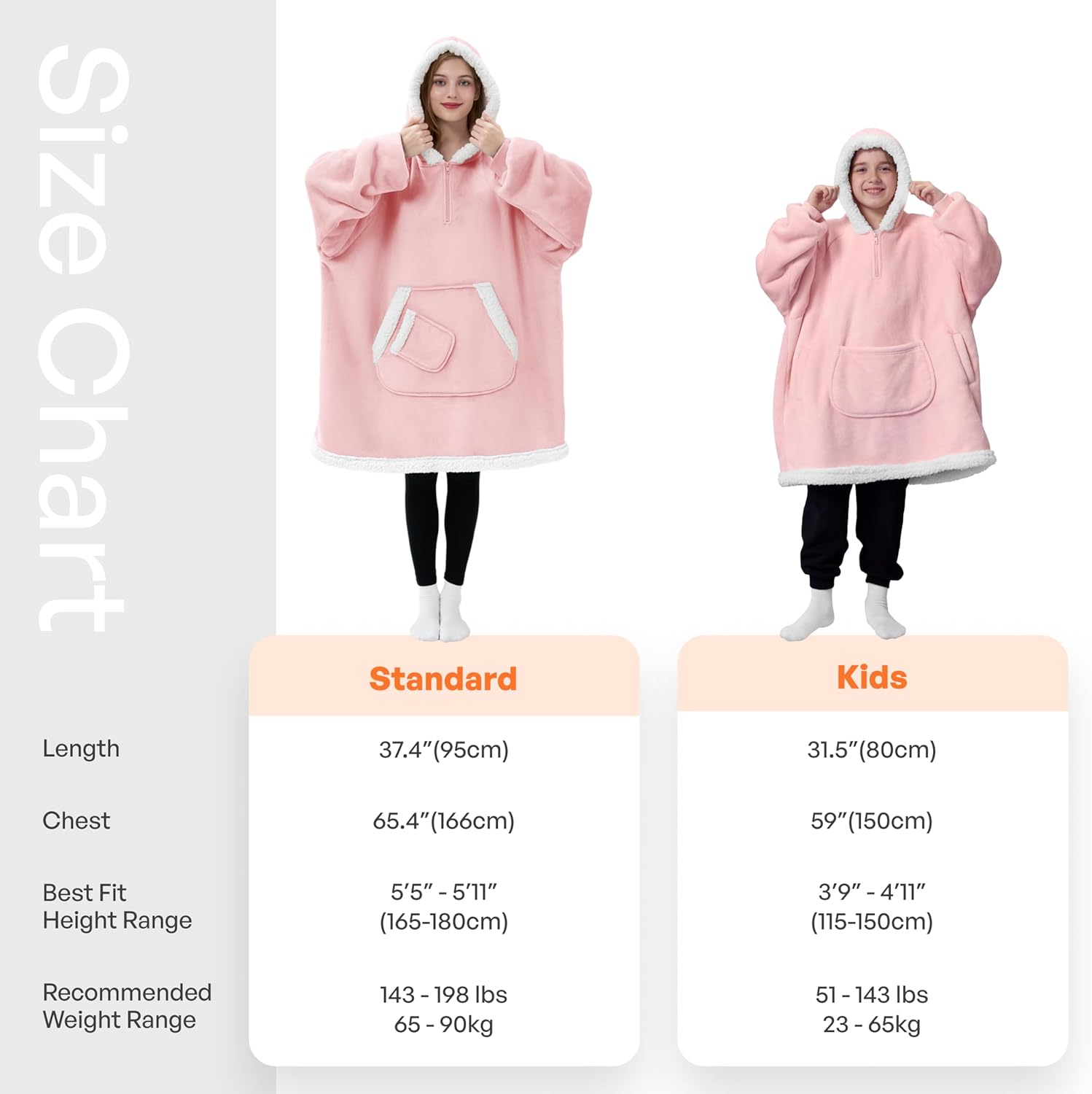 Product image Size chart for a pink hooded poncho with measurements and fitting information.