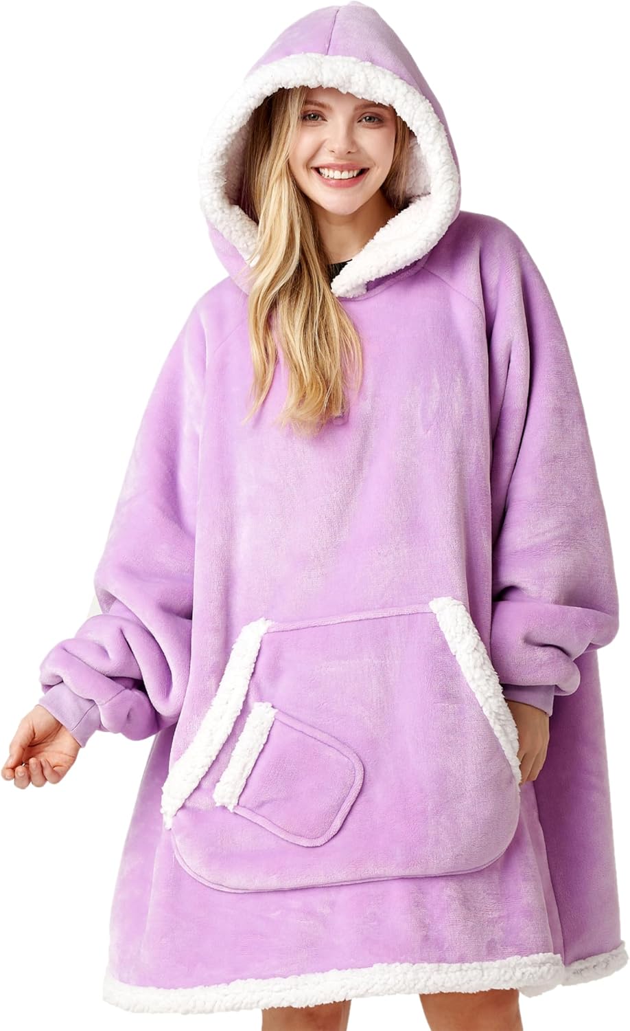 product image CozyNest wearable blanket hoodie Person wearing a purple hoodie with white lining on a white background