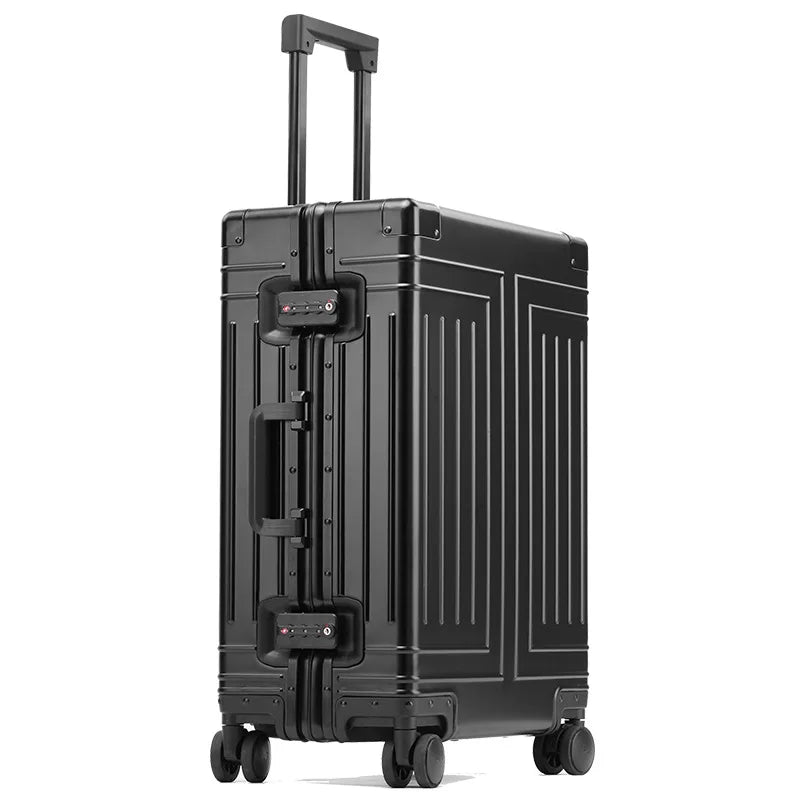 Black suitcase with wheels on a white background