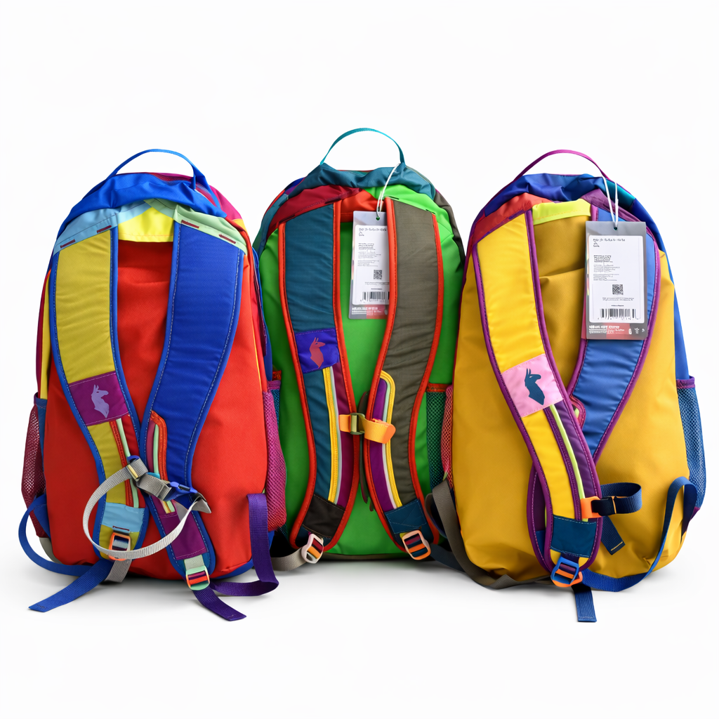 Three colorful backpacks with tags - travel bag
