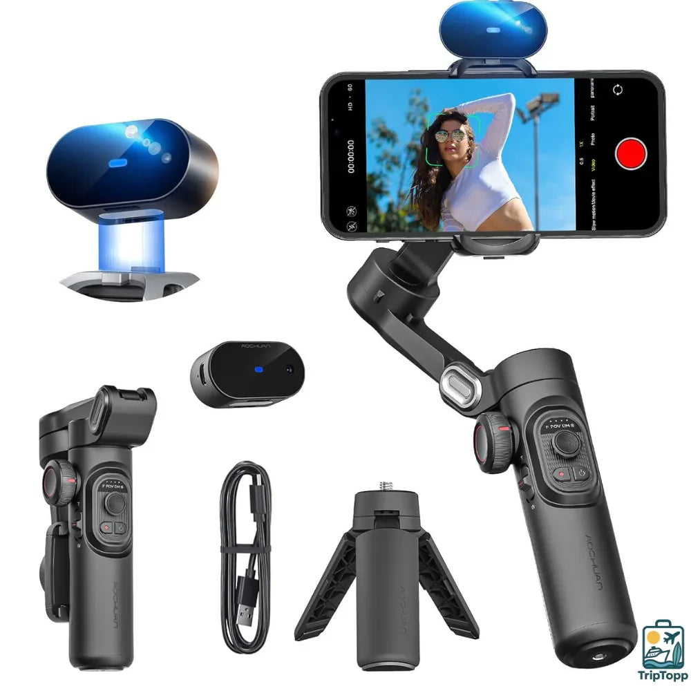 Product image page of Gimbal Stabilizer SmartXE for Smartphone AI Face  FocusFlow AI tracking smartphone gimbal with phone mounted in handheld stabilizer modeTracking