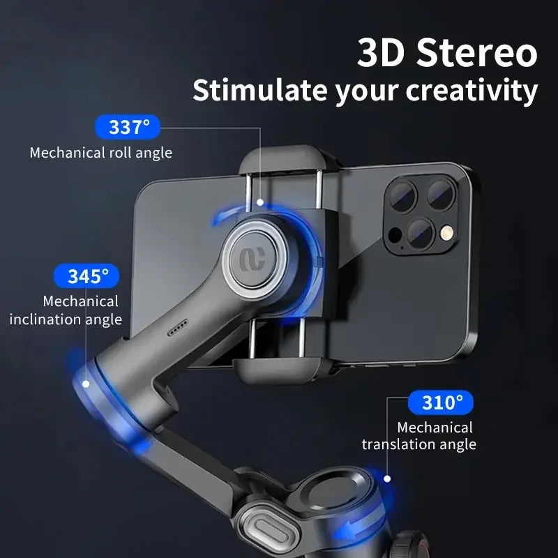 product image showing 3D stereo phone holder with mechanical angles FocusFlow mobile gimbal on tripod mode filming travel video with AI auto tracking on a dark background 