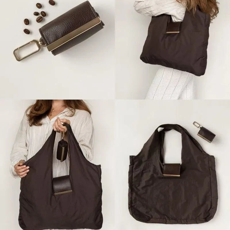 Brown handbag with keychain and strap, shown from multiple angles on a white background.