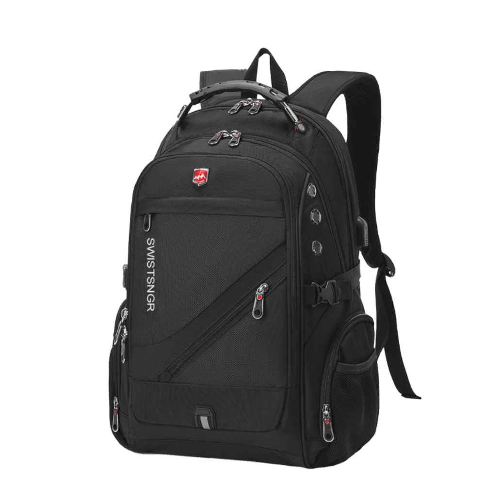 Black backpack with multiple zippers and a visible brand logo on a white background