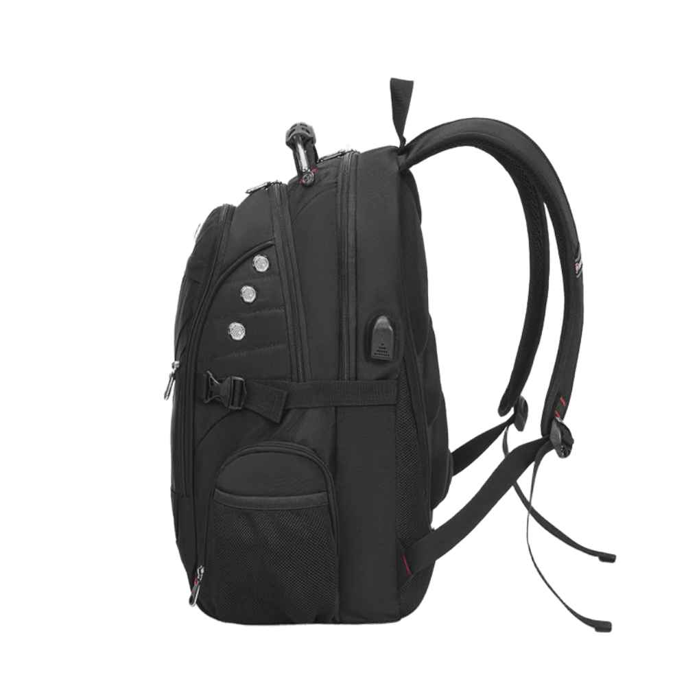 Black backpack on a white background