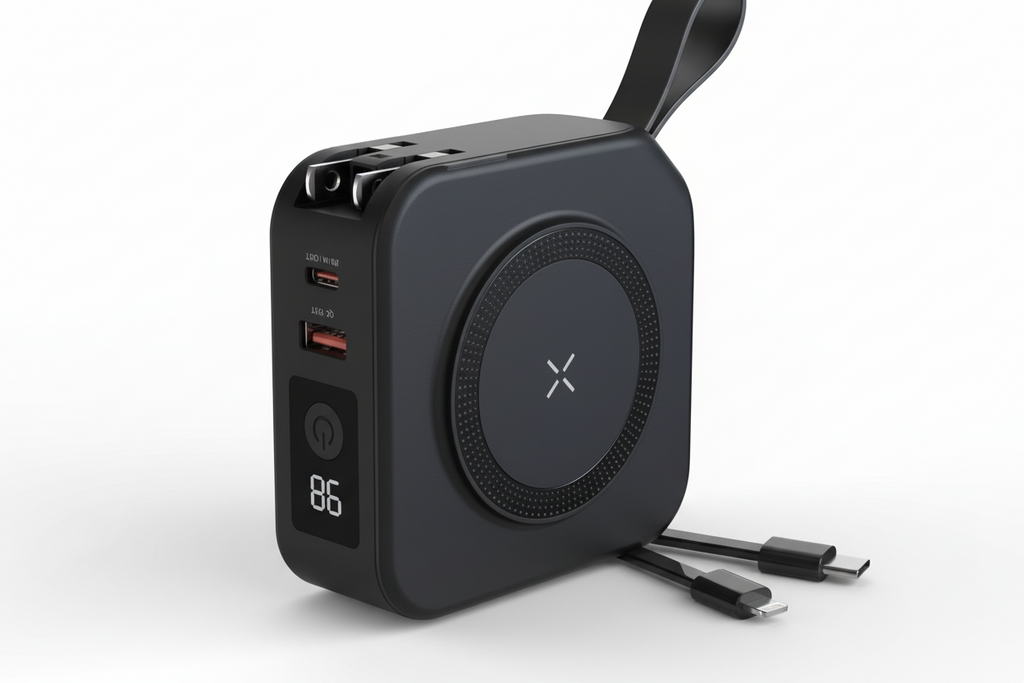 Black portable charging device with USB ports and a cable on a white background