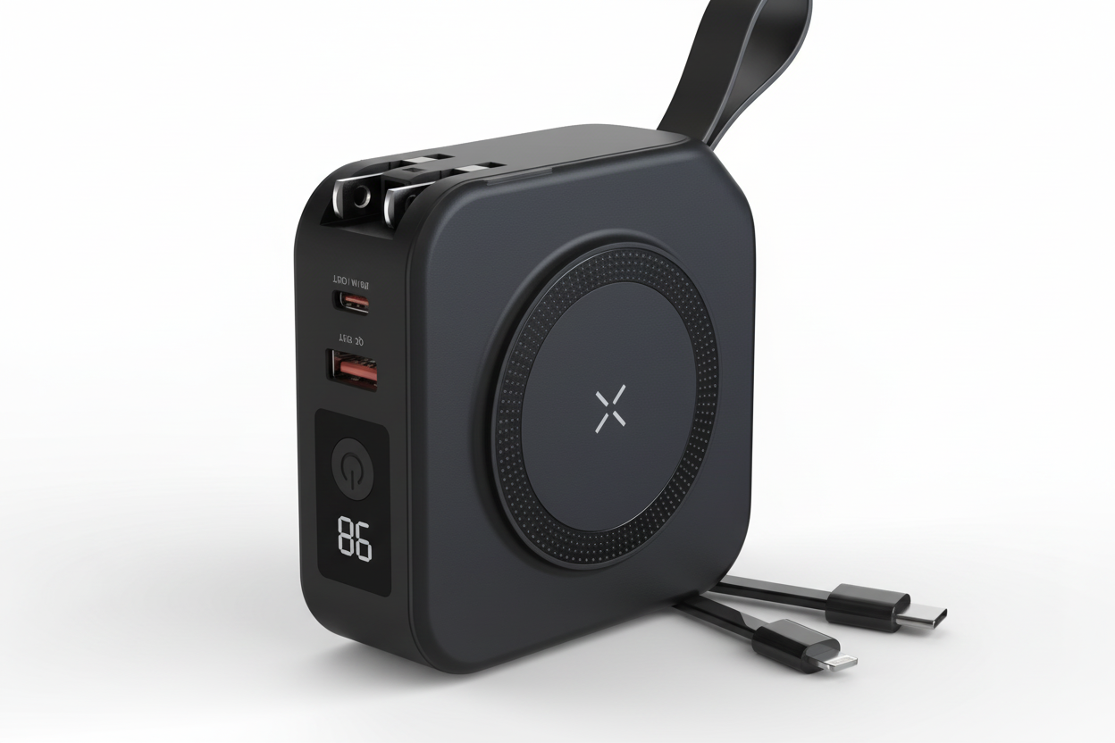 Black portable charging device with USB ports and a cable on a white background
