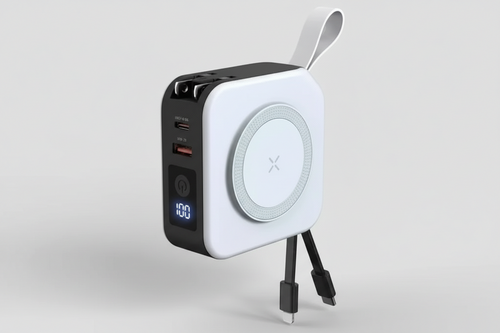 Portable power station with digital display and cable on a white background