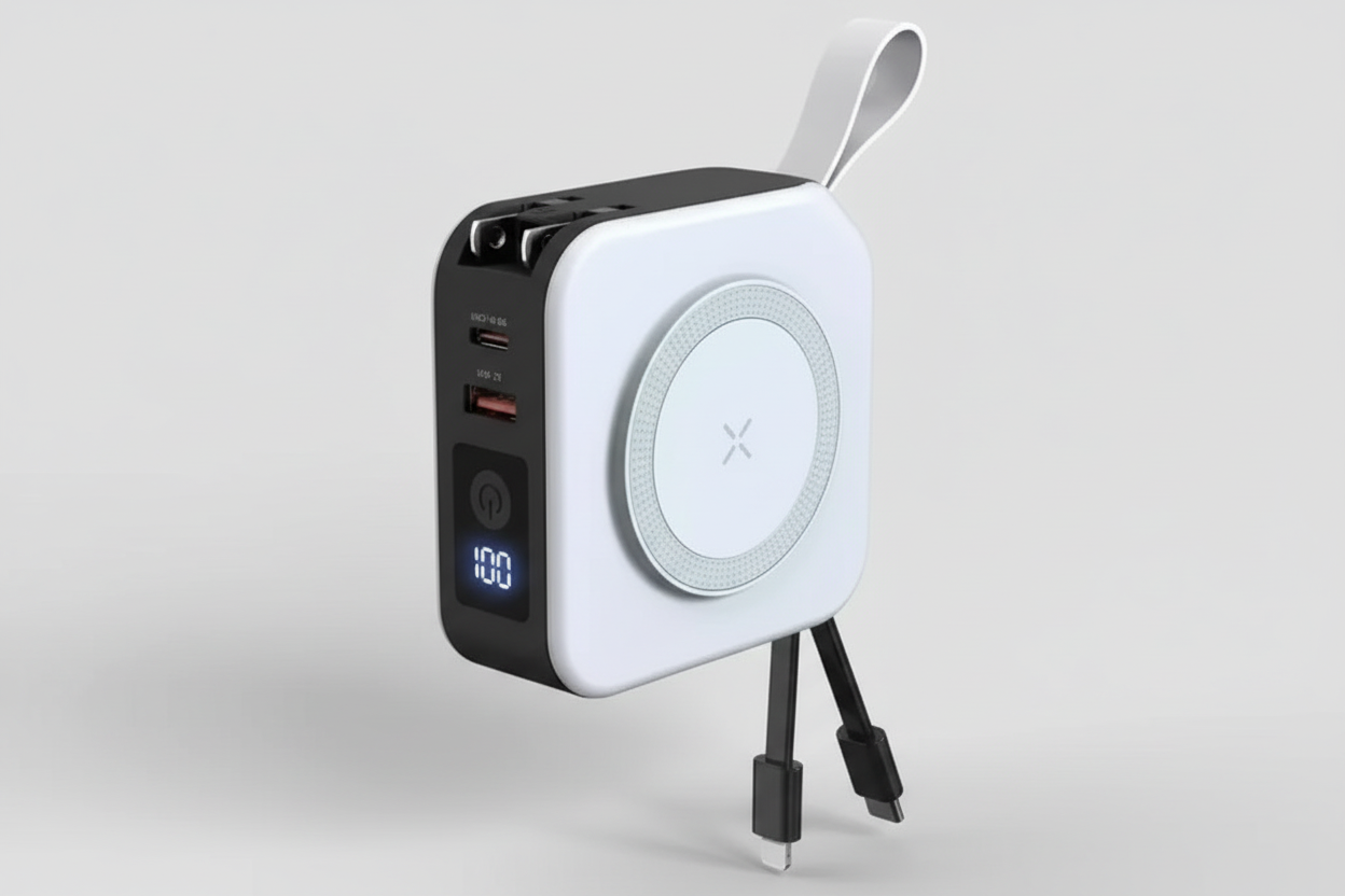 Portable power station with digital display and cable on a white background