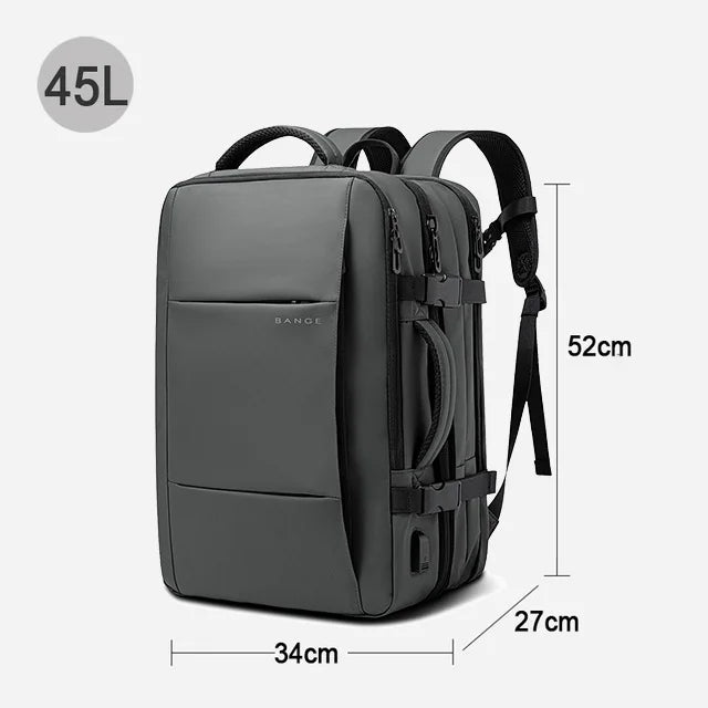Gray backpack with dimensions and capacity label on a white background