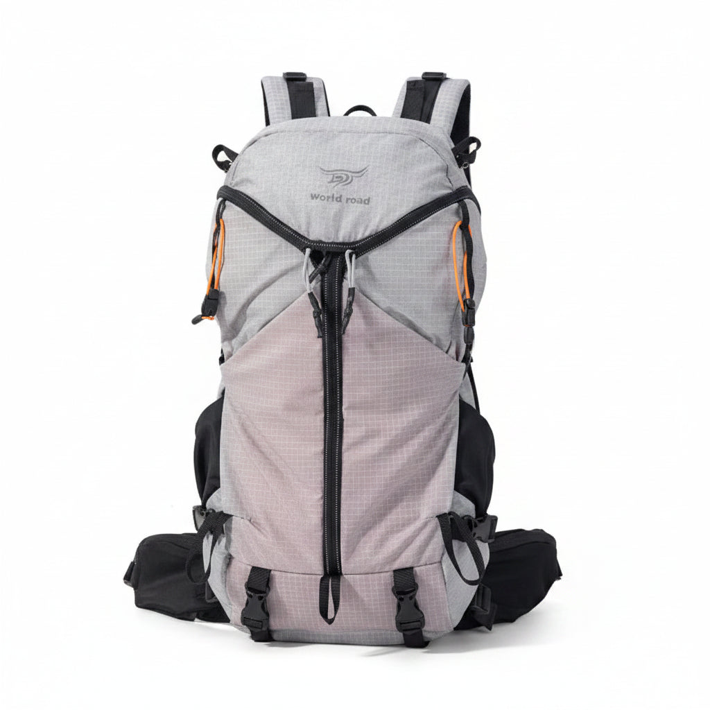 Gray hiking backpack with black straps - travel gear