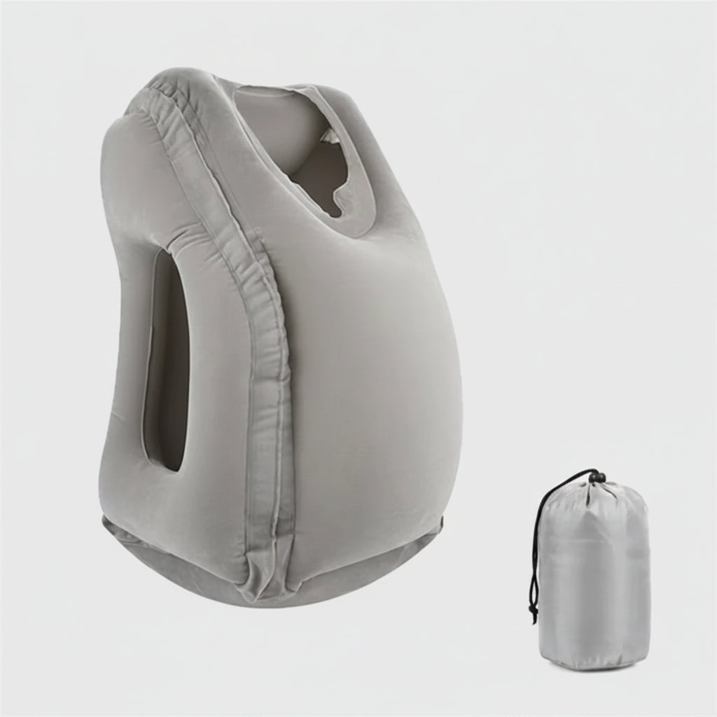 Gray inflatable neck pillow with dimensions and a carrying bag on a white background