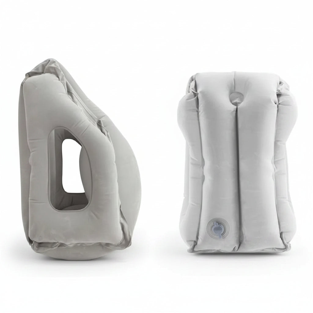 Gray inflatable travel pillow on a white background