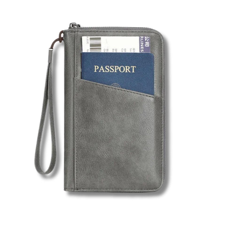 Gray travel wallet with a passport pocket on a white background