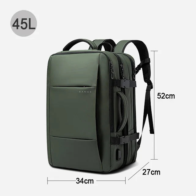 Green backpack with dimensions and capacity label on a white background