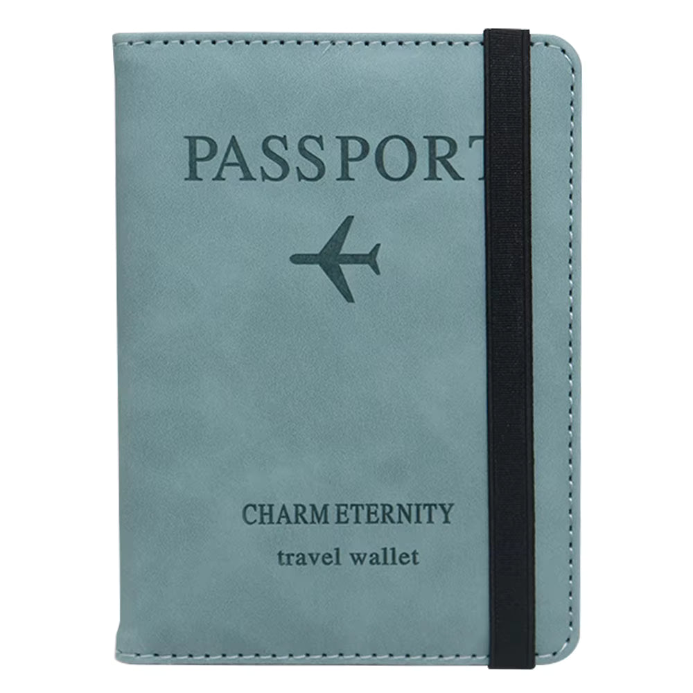 Product image of BLUE leather passport holder RFID-protected Blue passport-style travel wallet with black strap on a white background