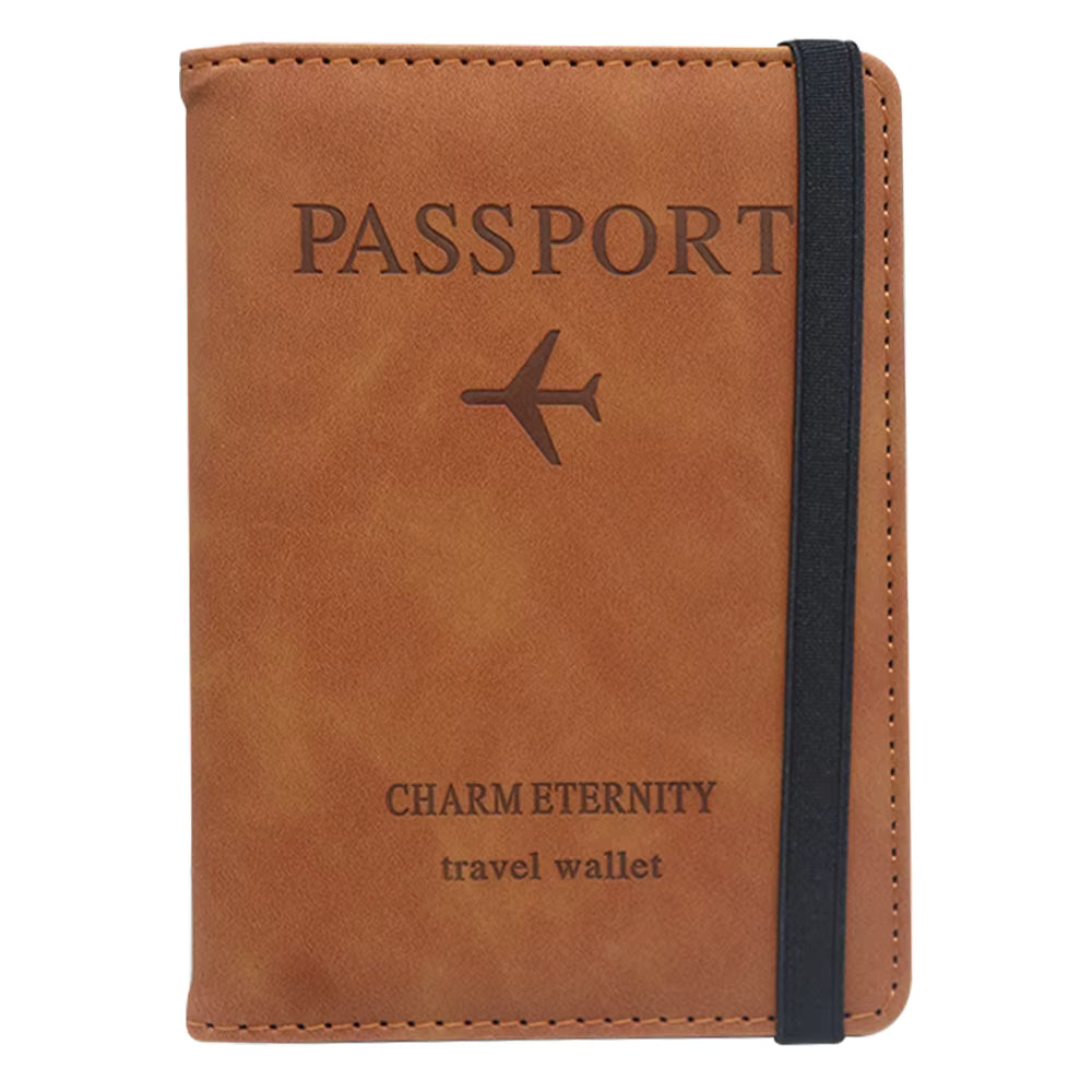 Product image of Brown leather passport holder RFID-protected with 'PASSPORT' text and airplane icon on a white background