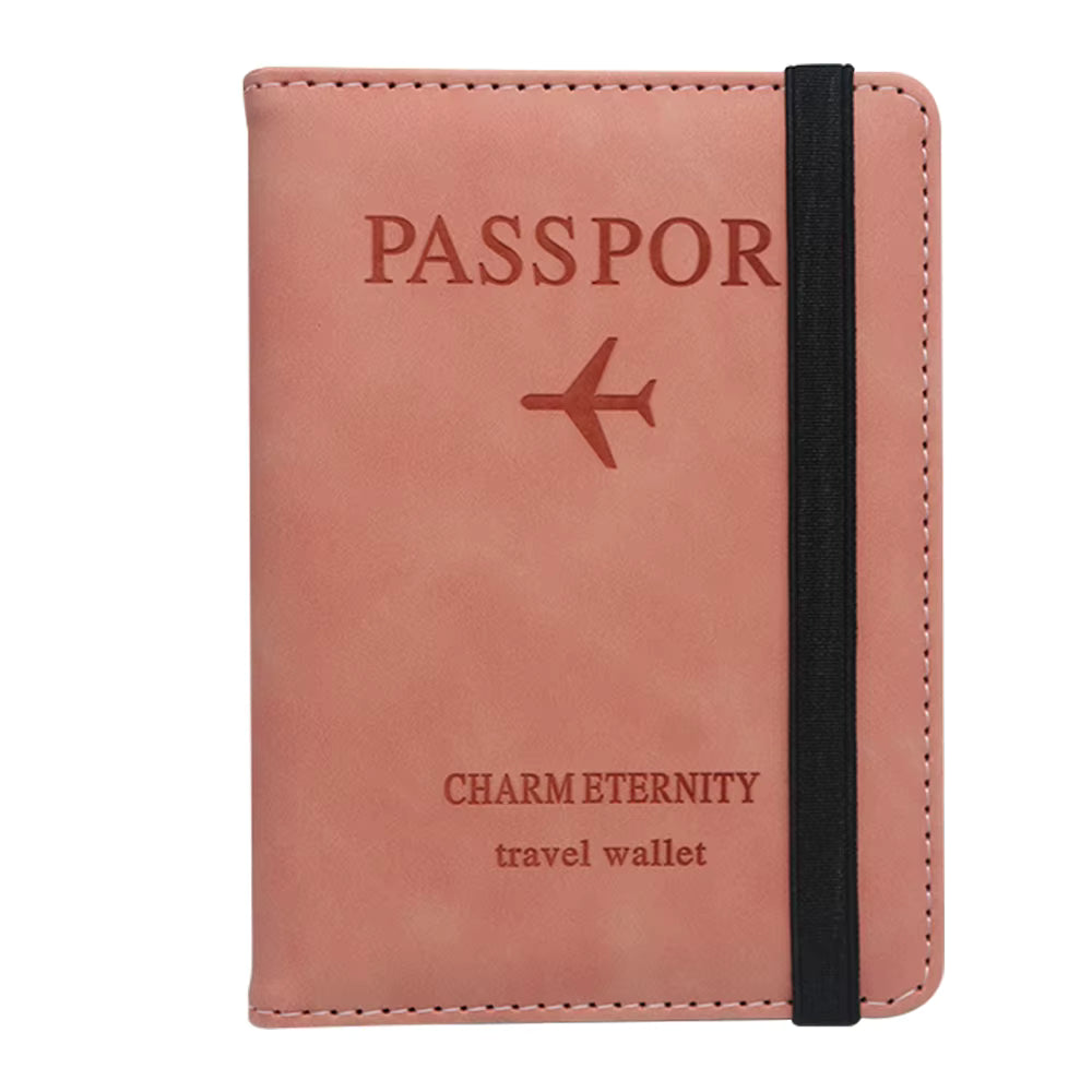 Product image of pINK leather passport holder RFID-protectedPink passport holder with 'PASSPOR' and airplane icon, featuring 'Charm Eternity' branding.