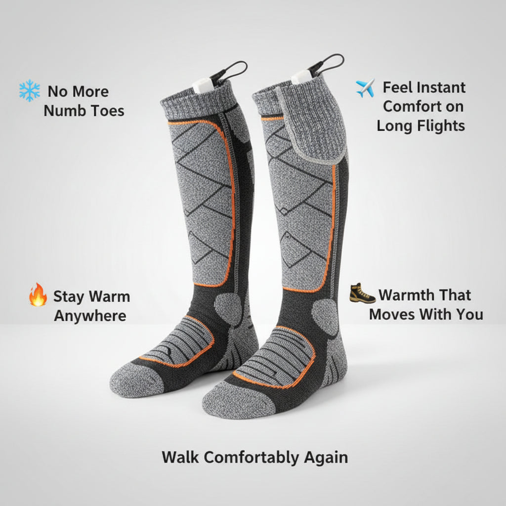 Heated socks with temperature adjustment features on a snowy background