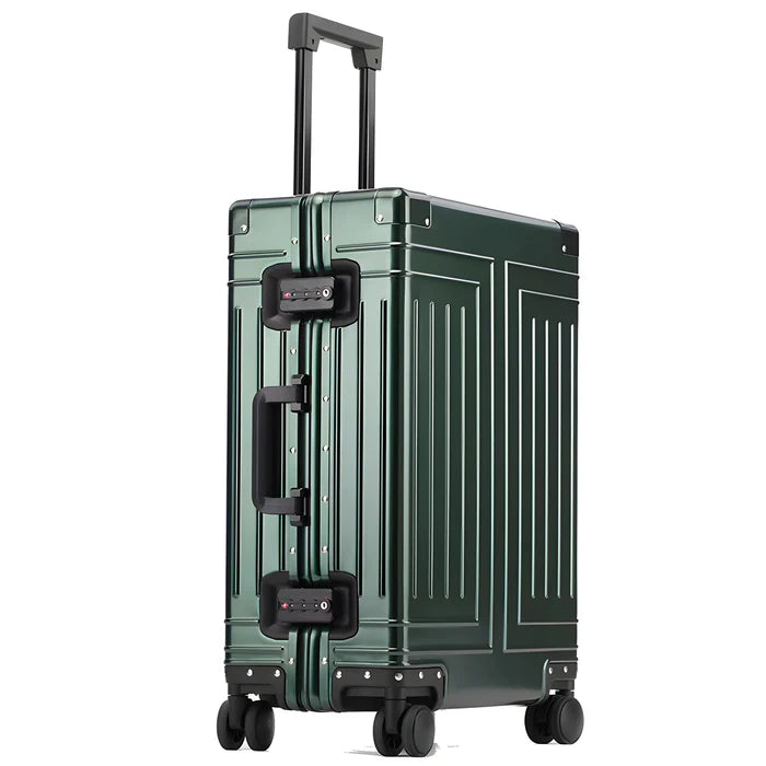 Green suitcase with black handle and wheels on a white background