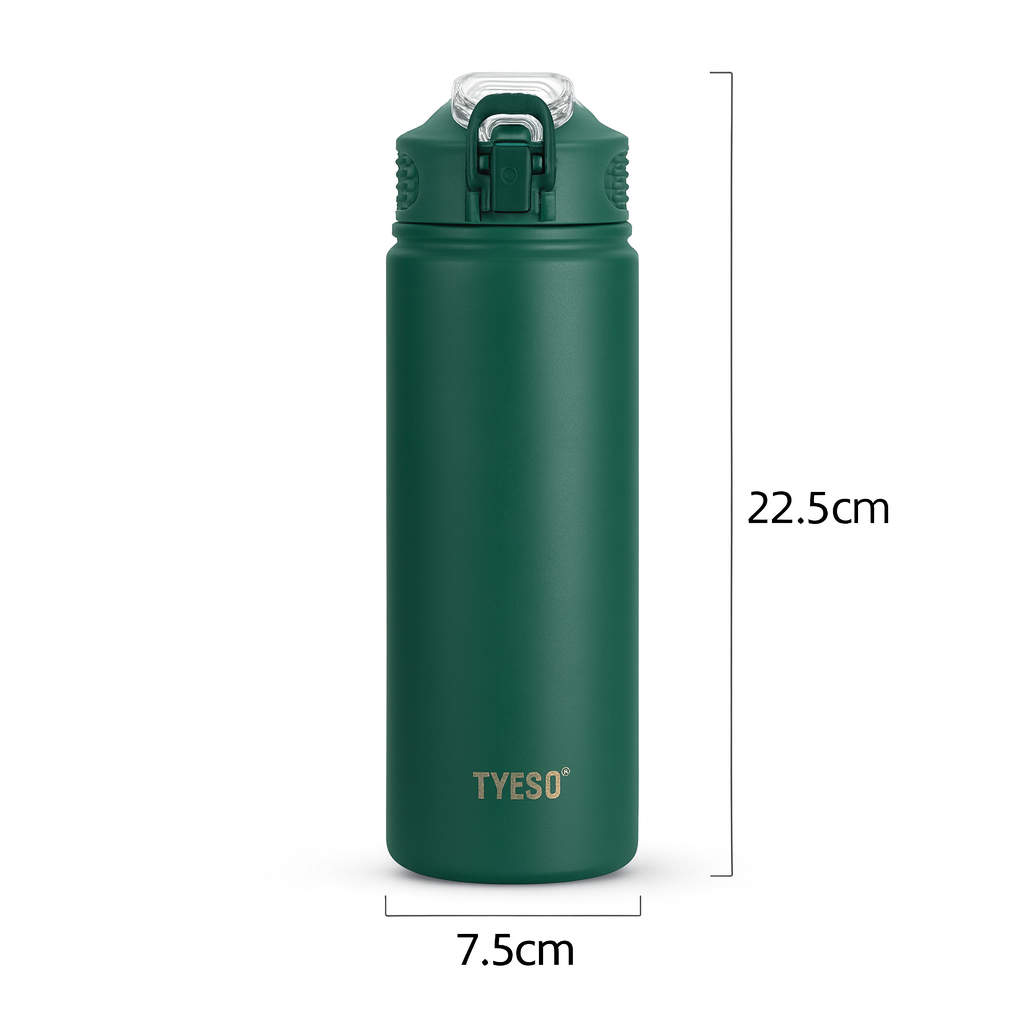 Green water bottle with measurements on a white background