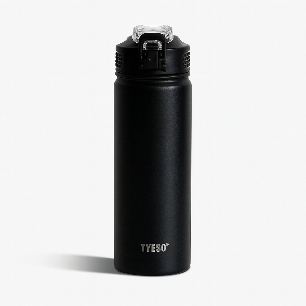 Black water bottle with a screw-on cap on a white background, featuring the brand HydraFlow Steel Bottle