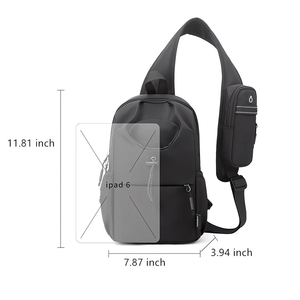 Gray crossbody bag with measurements indicated on a white background