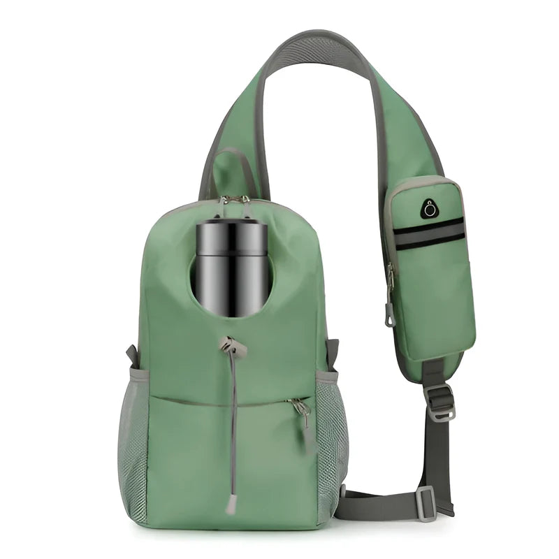 Green backpack with a cup holder on a white background