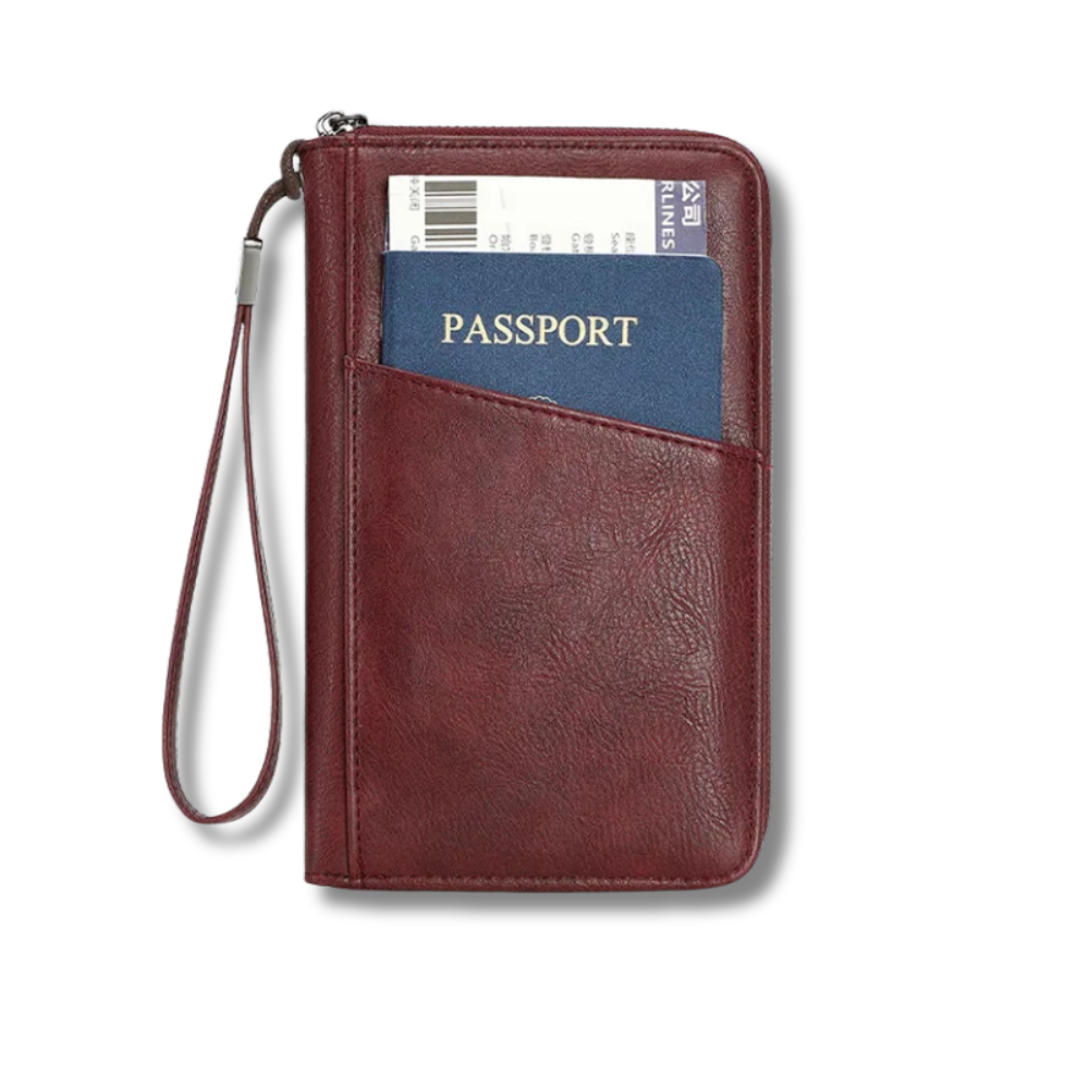 Brown leather travel wallet with a passport and ticket on a white front view background