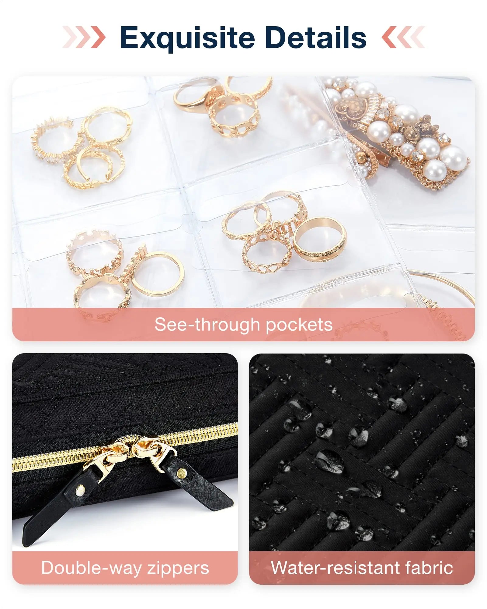 Jewelry organizer with gold rings, pearls, and a black bag with a zipper, highlighting features like see-through pockets, double-way zippers, and water-resistant fabric. Lightweight jewellery organizer box for travel and holidays