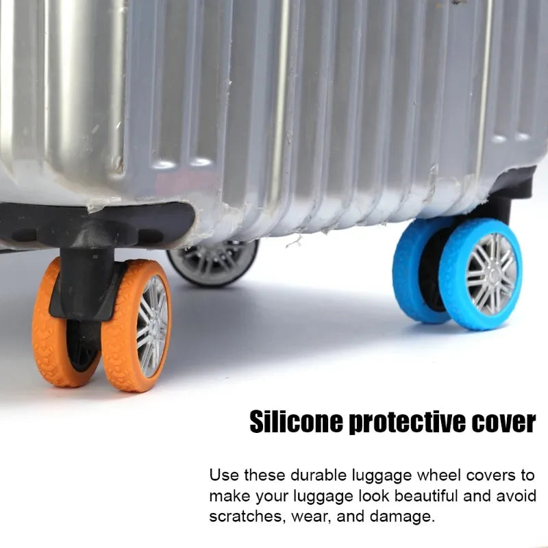 Silver suitcase with orange and blue wheels on a white background, featuring silicone protective covers. Luggage wheel protectors 8 pack for quiet suitcase travel
