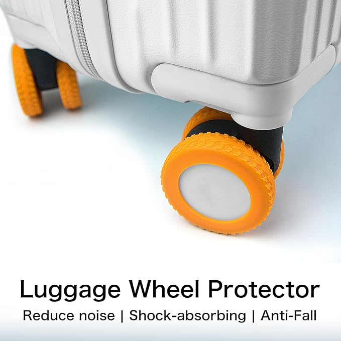 Luggage wheel protector on a suitcase with text highlighting features