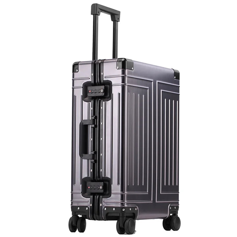 Silver suitcase with black accents on a white background