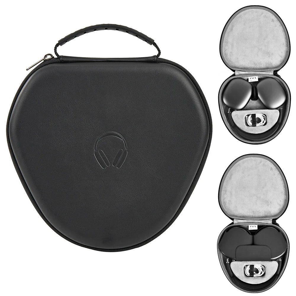Black heart-shaped travel case with a logo, showing open views on a white background