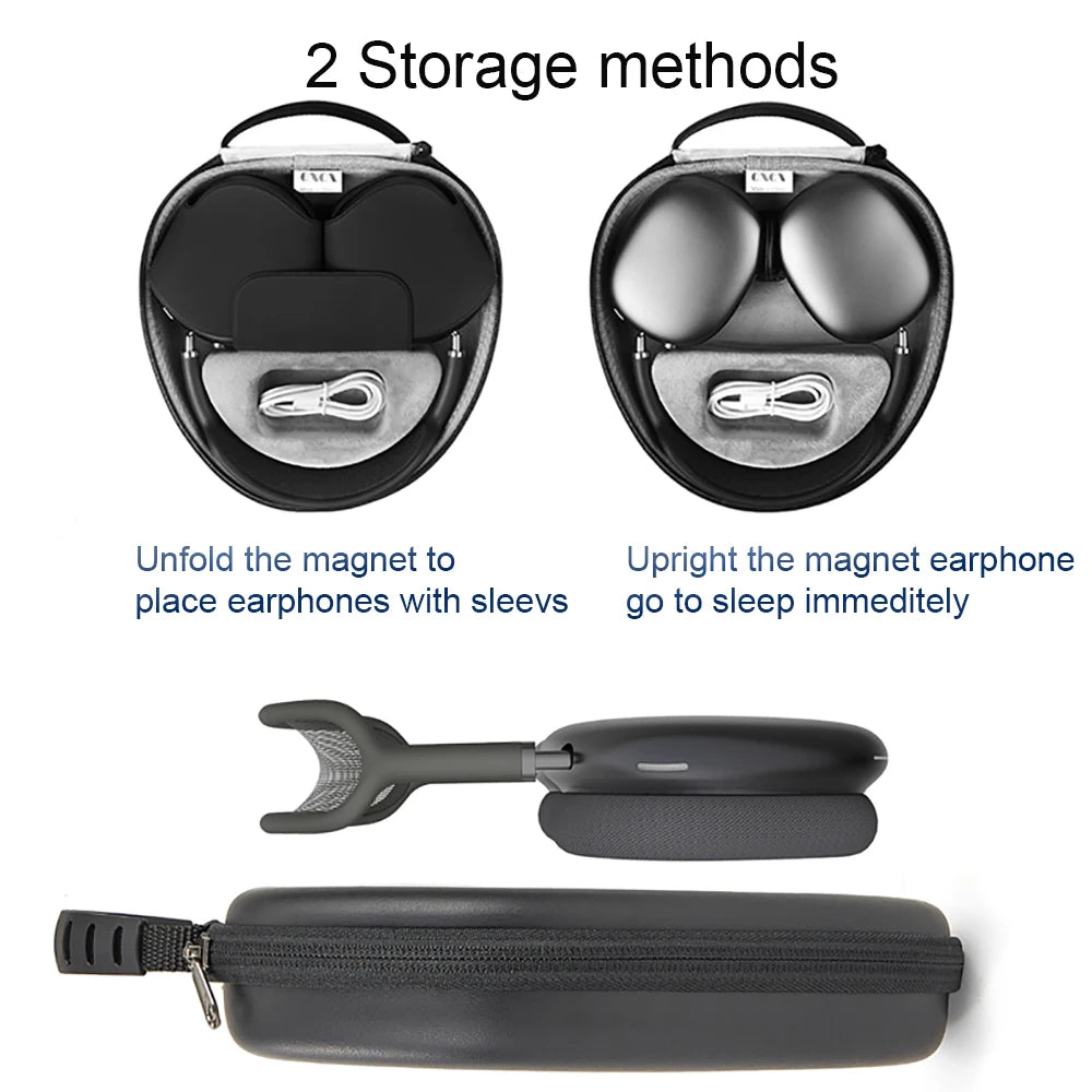 Storage methods for magnetic earphones with a case on a white background