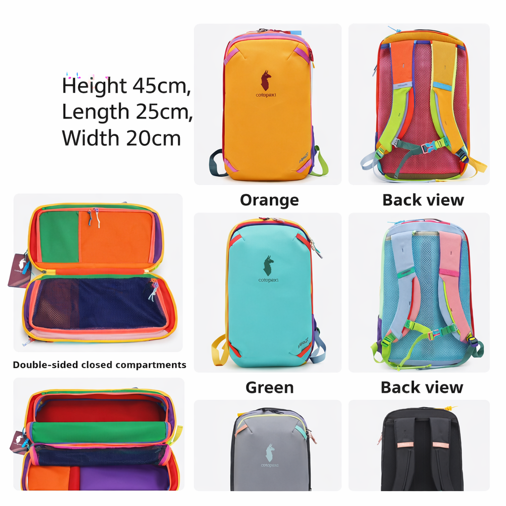 Colorful backpacks shown from multiple angles with dimensions and color details - travel luggage