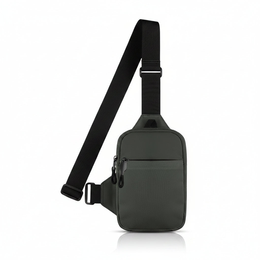 Black sling bag with adjustable strap and measurements on a white background