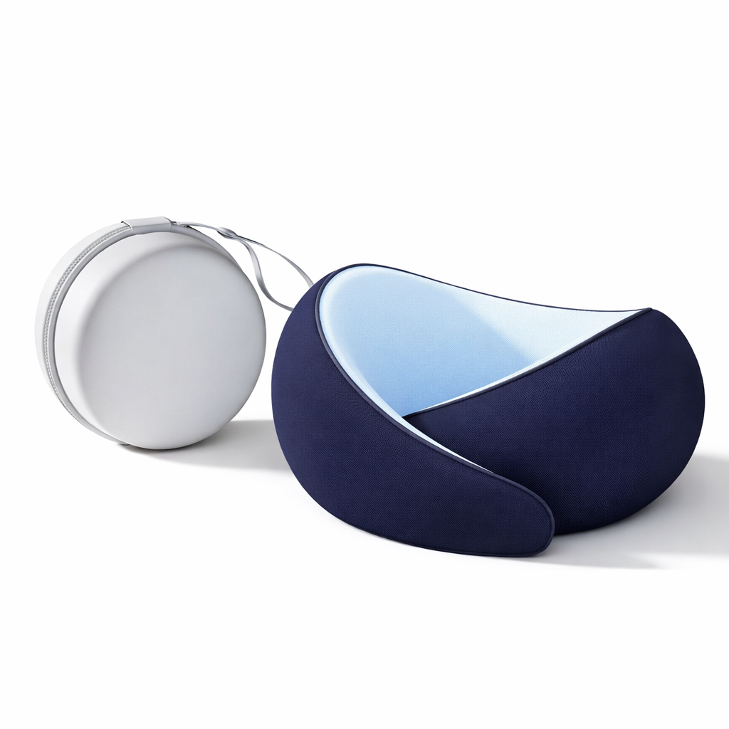 Navy blue and white half-moon shaped pillows - travel bag